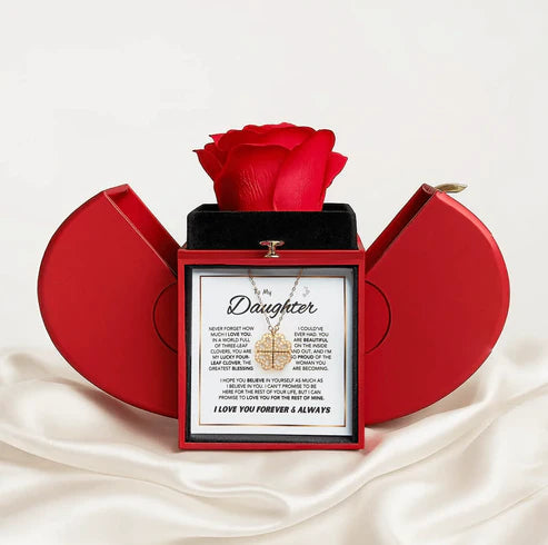 Daughter's Lucky Clover Necklace & Forever Rose Keepsake Gift Set — A Symbol of Love & Luck