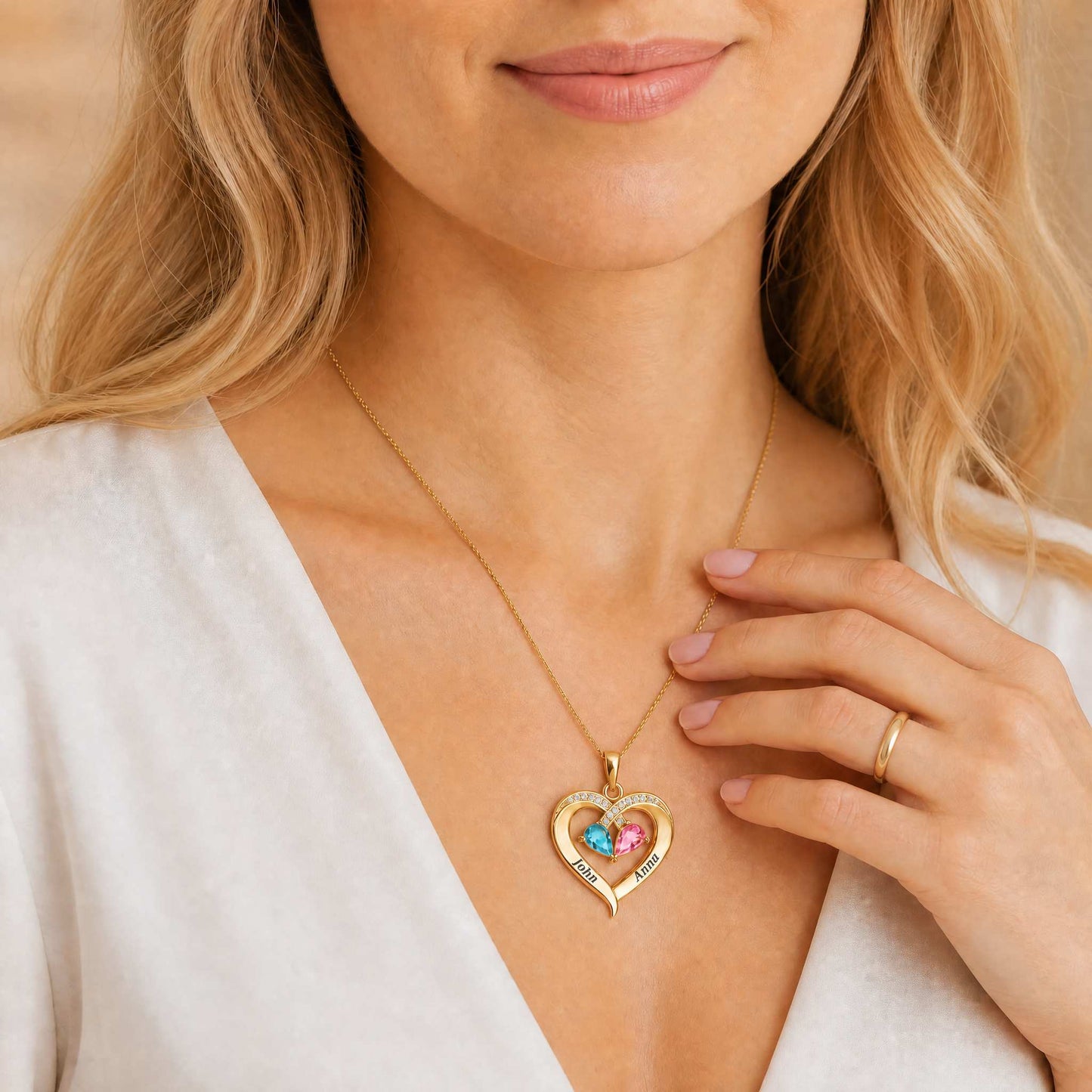 To My Wife — Personalized Birthstone Heart Necklace | His & Hers Names Engraved
