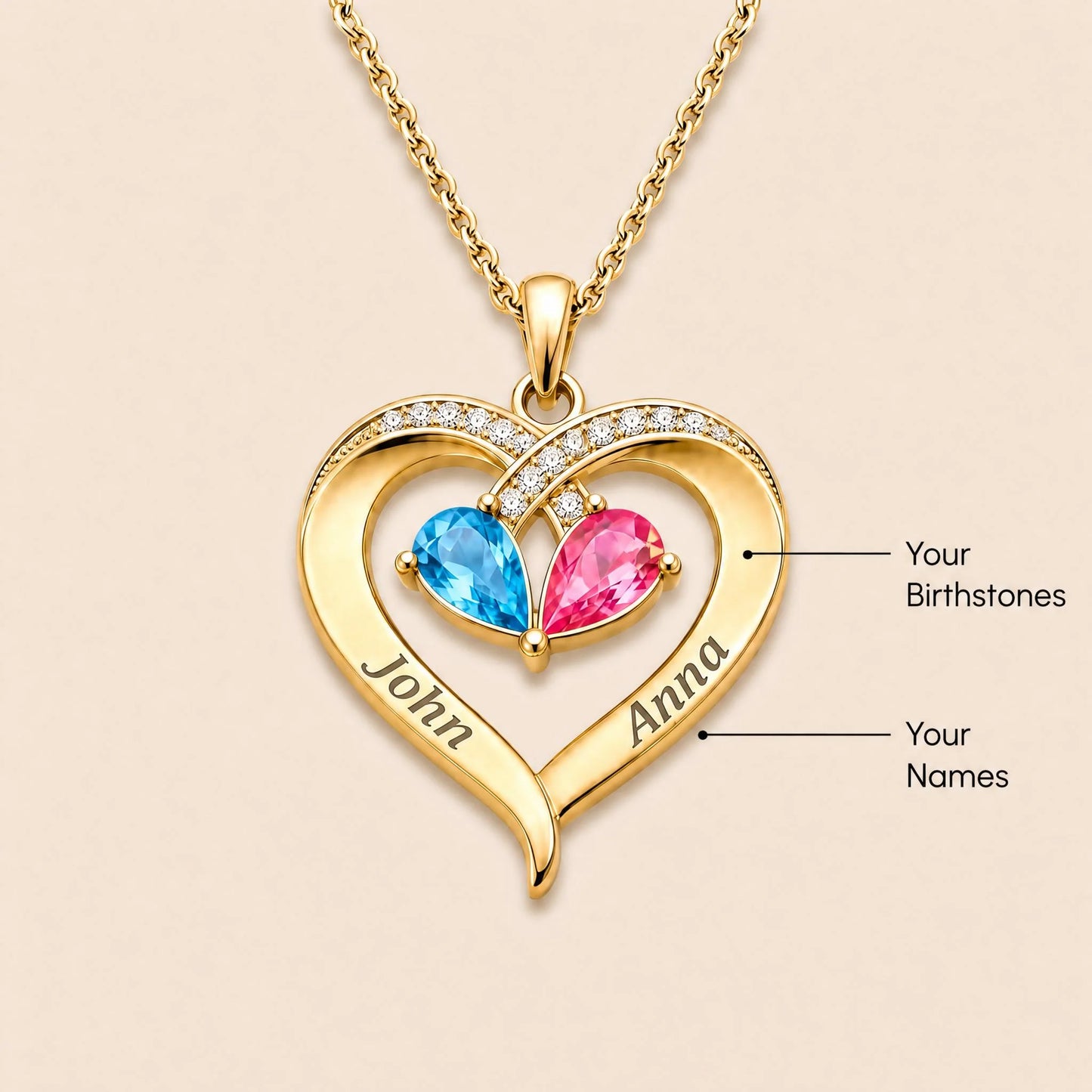 To My Wife — Personalized Birthstone Heart Necklace | His & Hers Names Engraved