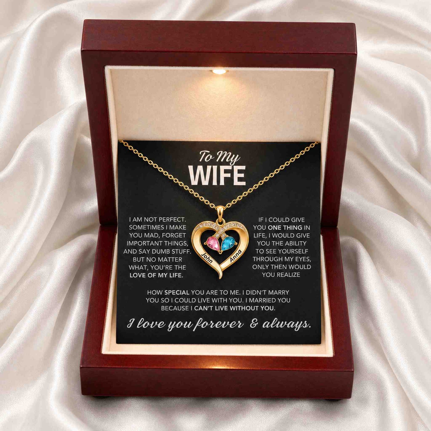 To My Wife — Personalized Birthstone Heart Necklace | His & Hers Names Engraved
