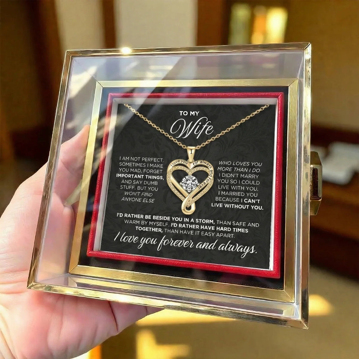 To My Wife Forever Love Heart Necklace – Romantic Anniversary Gift from Husband with Meaningful Message Card